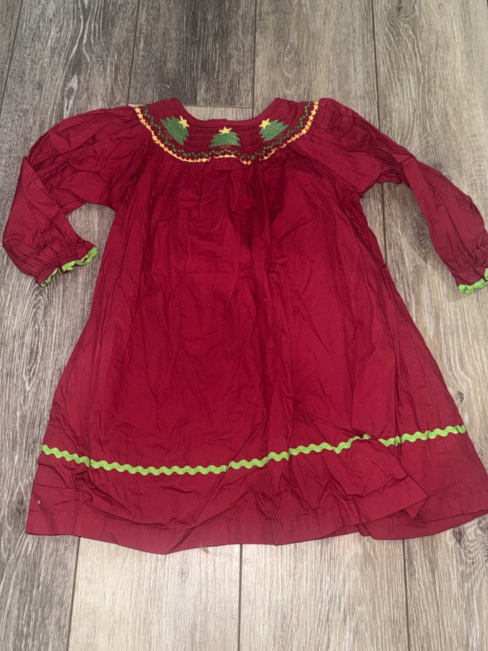Girls lil cactus Red Holiday Smocked Dress with Green Trim